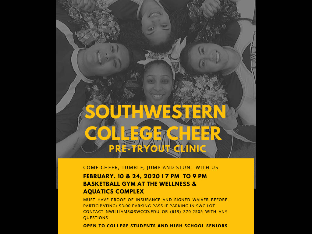 Southwestern College Cheer to hold PRE-TRYOUT Clinic Feb. 10th/24th